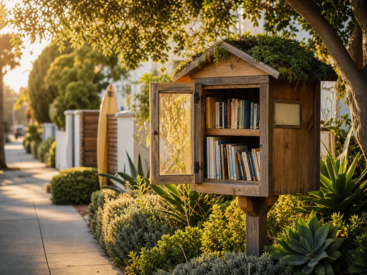 A repaired little free library on a sunny neighborhood sidewalk