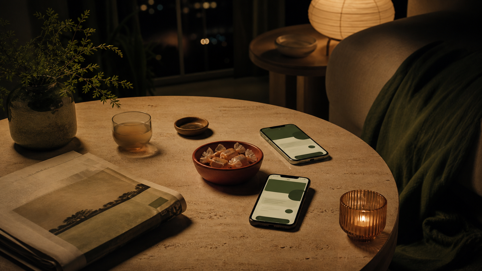 A warm night table with phones, candy, a newspaper, and Moss-like UI