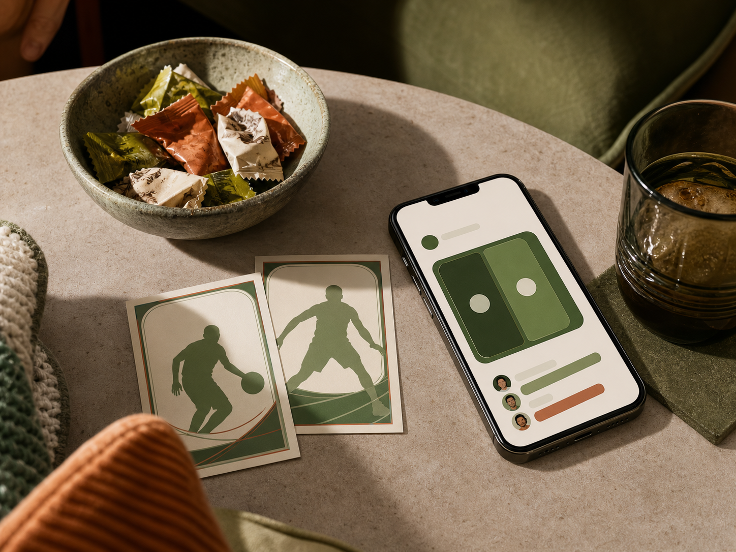 A tabletop with candy, basketball poll cards, and a phone showing poll UI